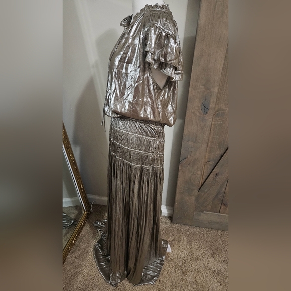 Anthropologie CURRENT AIR Silver Metallic Drop Waist Maxi Dress. Size L NWT - Picture 5 of 10